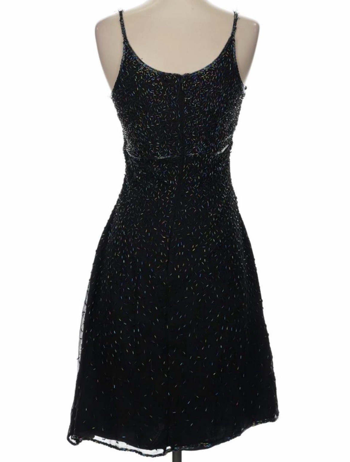 Vintage Scala Black Beaded Spaghetti Strap A-Line Knee Dress Party Size M