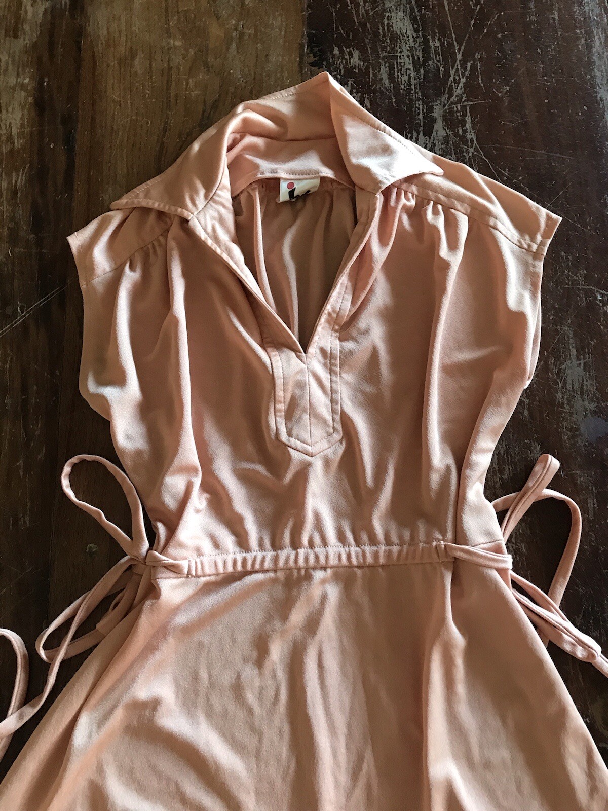 VTG 70s Jody T peach dress side tie cinched waist design classic 70s picnic