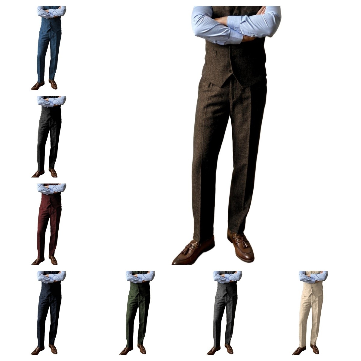 Versatile Mens Wool Blend Herringbone Pants Slacks Adjustable Waistband