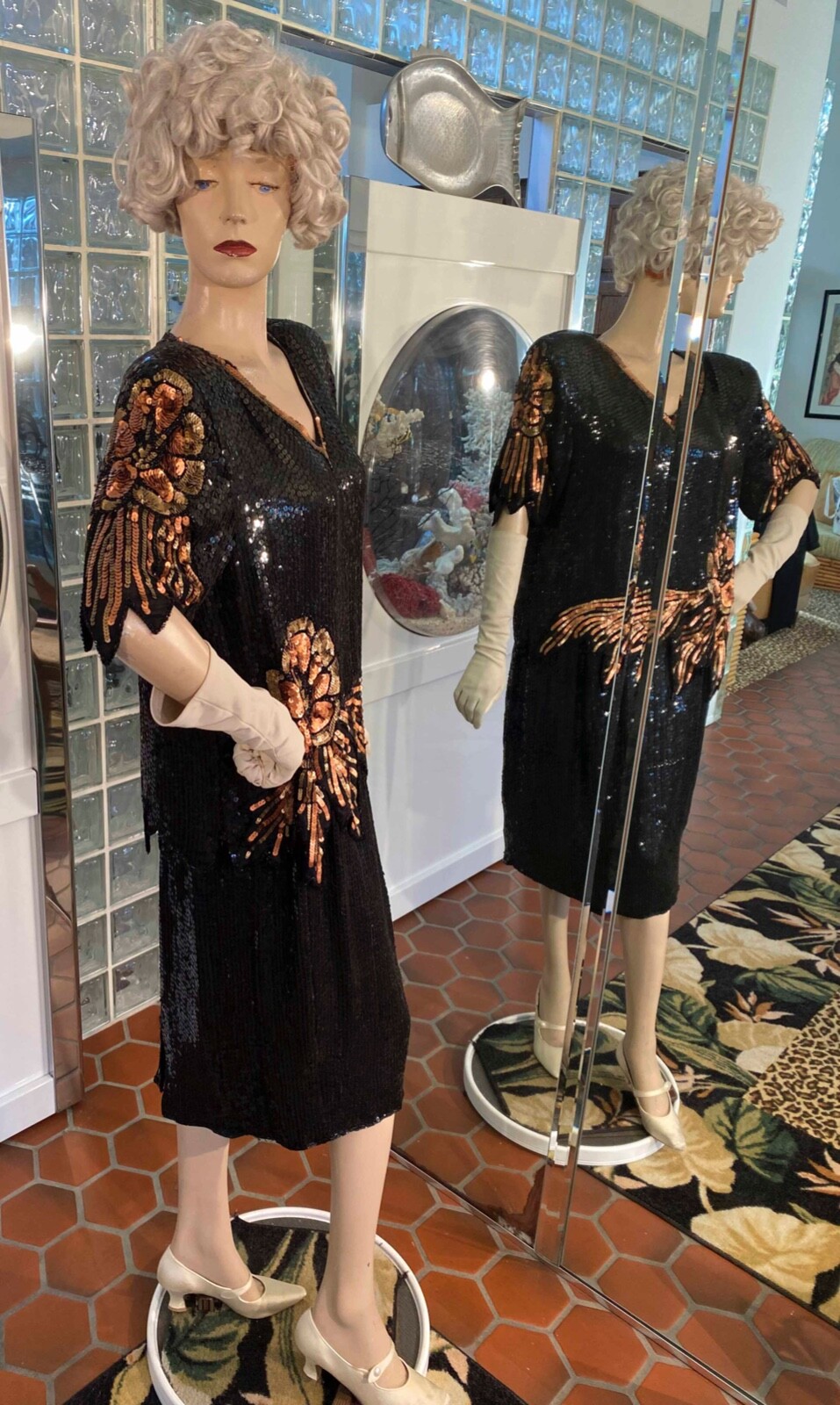 VTG 100% SILK Flapper Gatsby Dress Black Sequin set Skirt & Top size ML