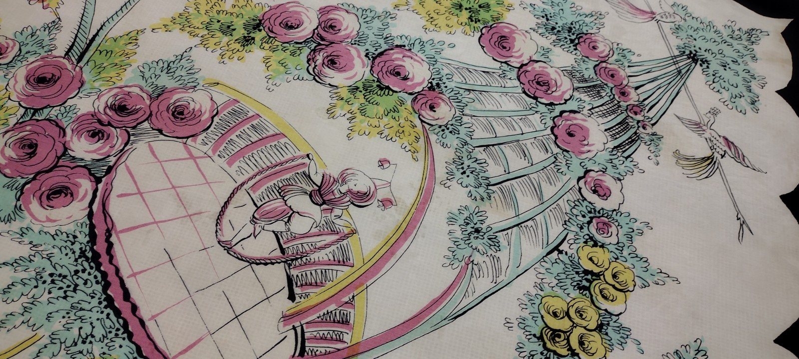 Vintage 30s 40s Scarf Dancer Spring Roses Parachute Fabric Rare Acetate Rayon