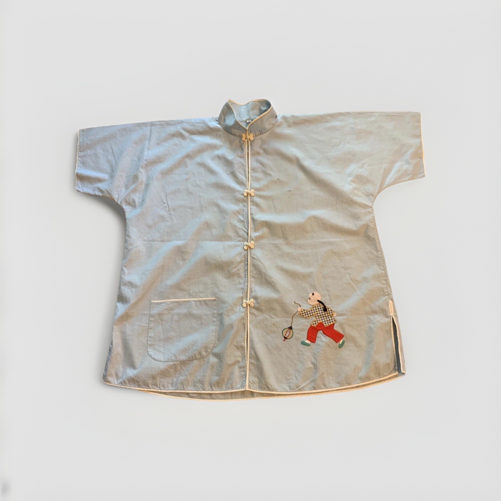 Vintage Chinese Shirt Light Blue With White Frog Buttons And Small Pocket. 38
