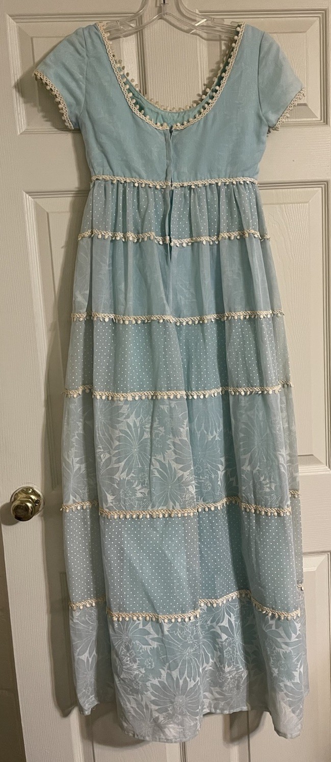 Vintage 70s Blue Swiss Dot Lace Maxi Dress Boho Prairie Small Lined Cotton Linen