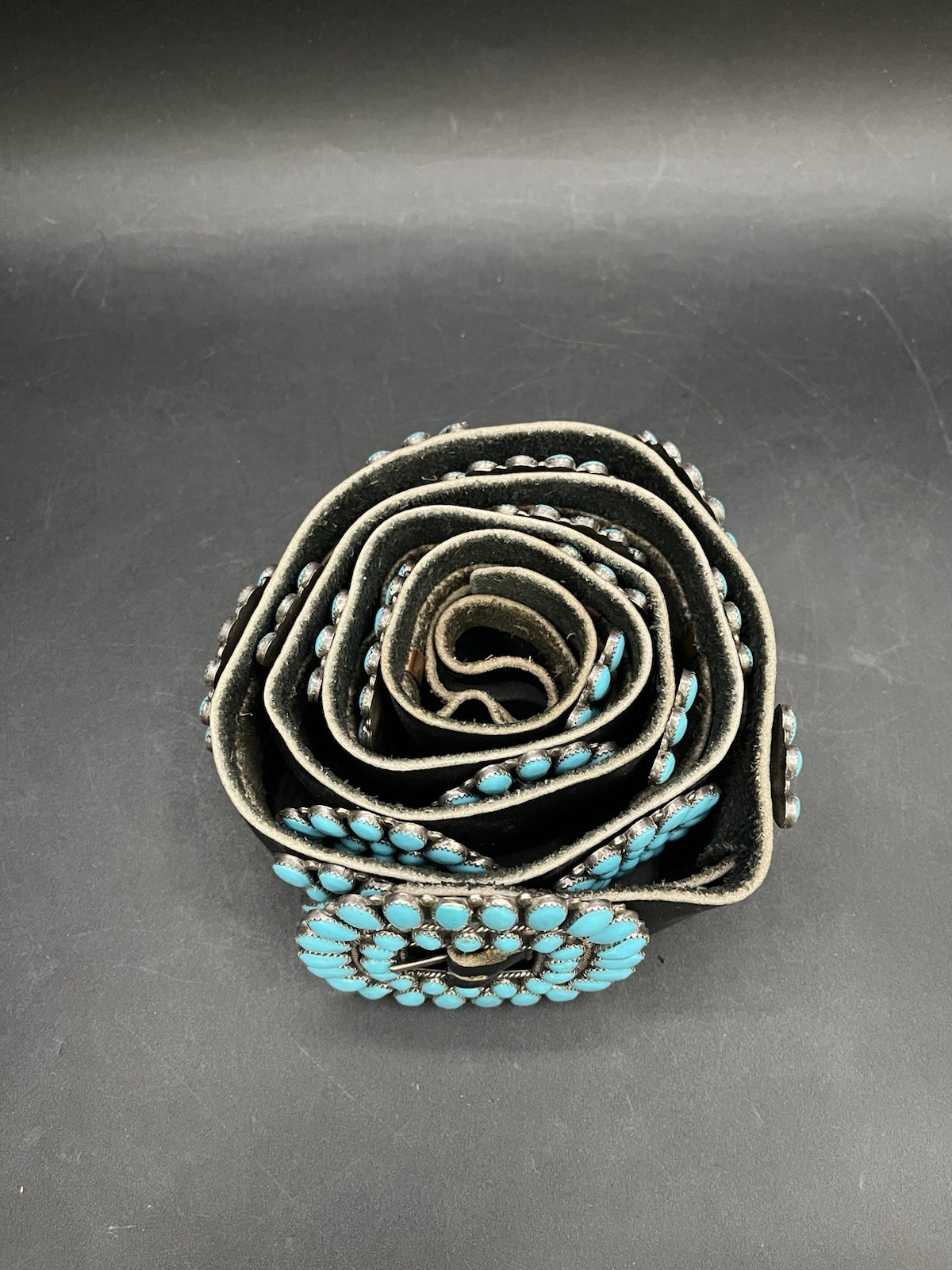 Vintage Sterling Silver and Turquoise Concho Black Leather Belt Buckle Hallmark