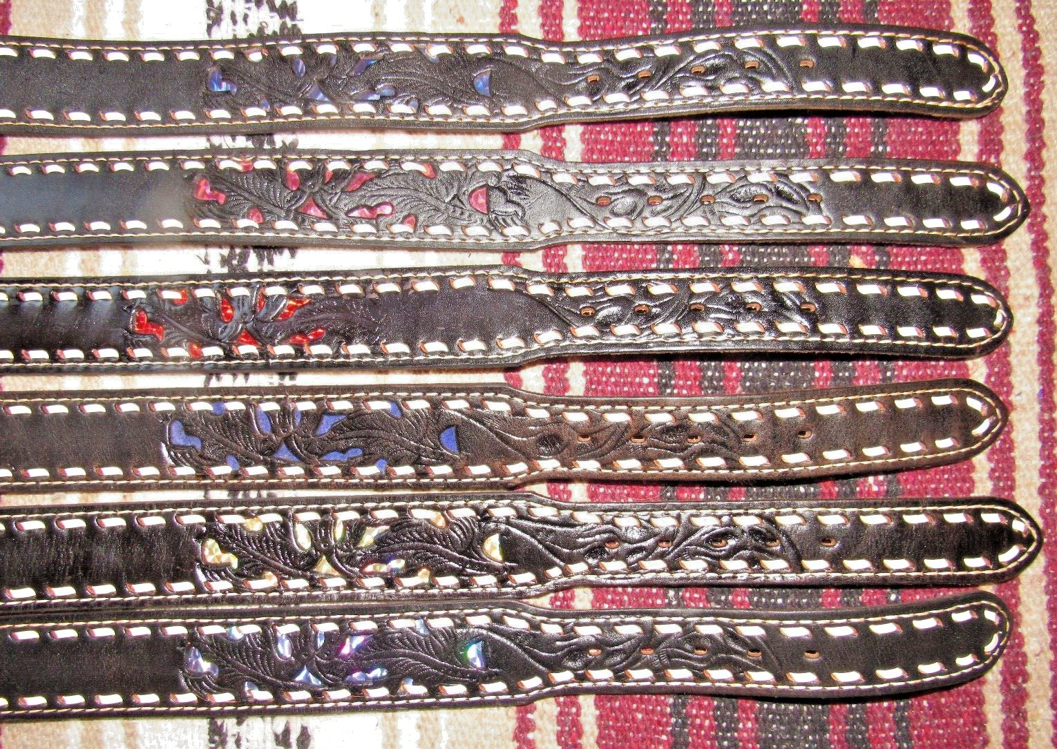 Viintage C&M Co Western Buckstitch Inlaid Black Leather Belts 6 pc Size 28 NEW