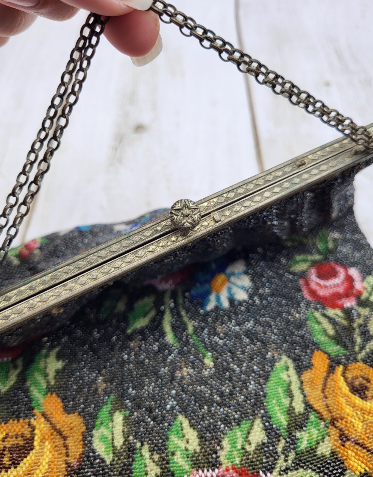 Large 13″ Antique Art Nouveau Floral Beaded Purse Handbag