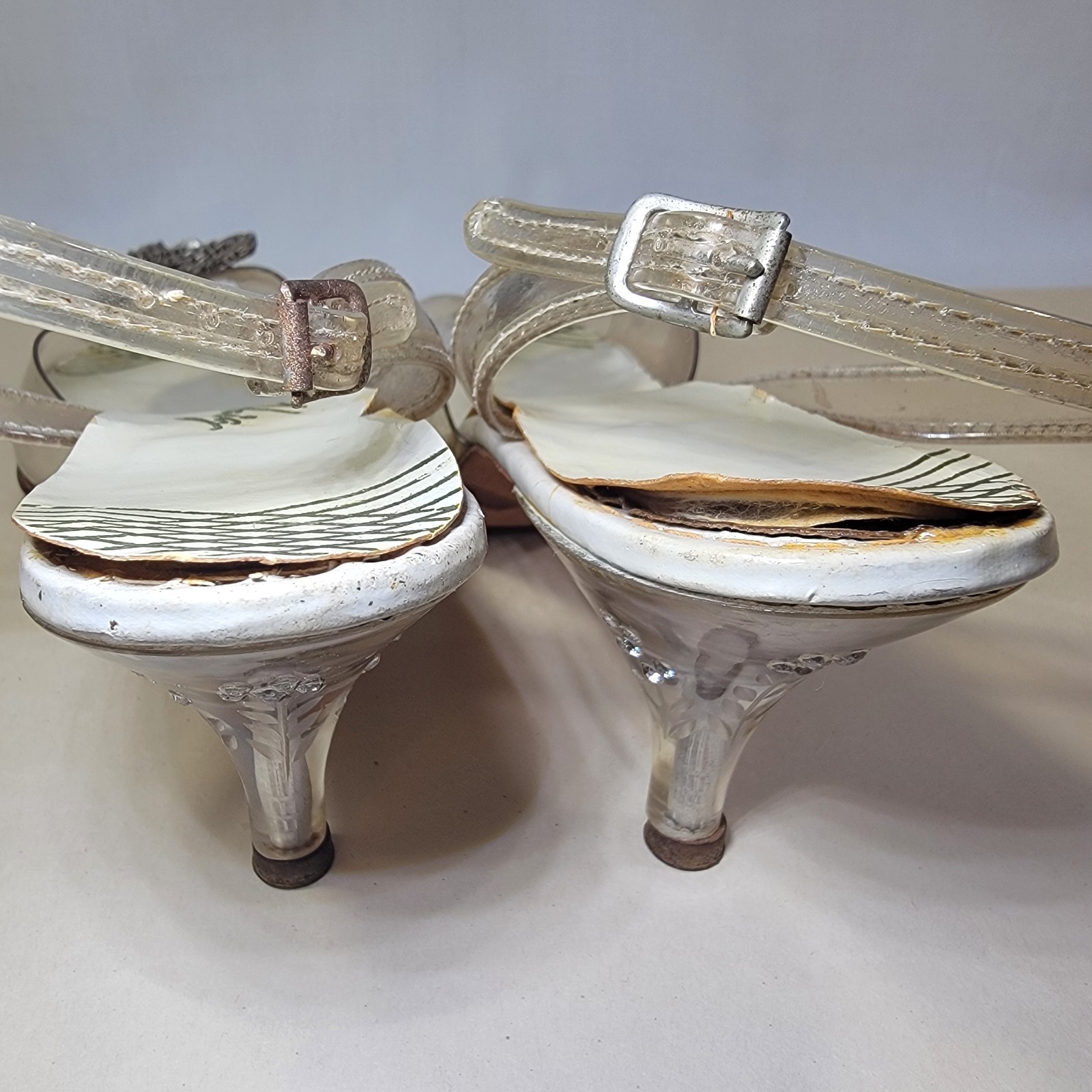 Vtg 1950s Carved Lucite & Rhinestone Heels on Clear Lloyd/Haig Shoes Sandals Sz6