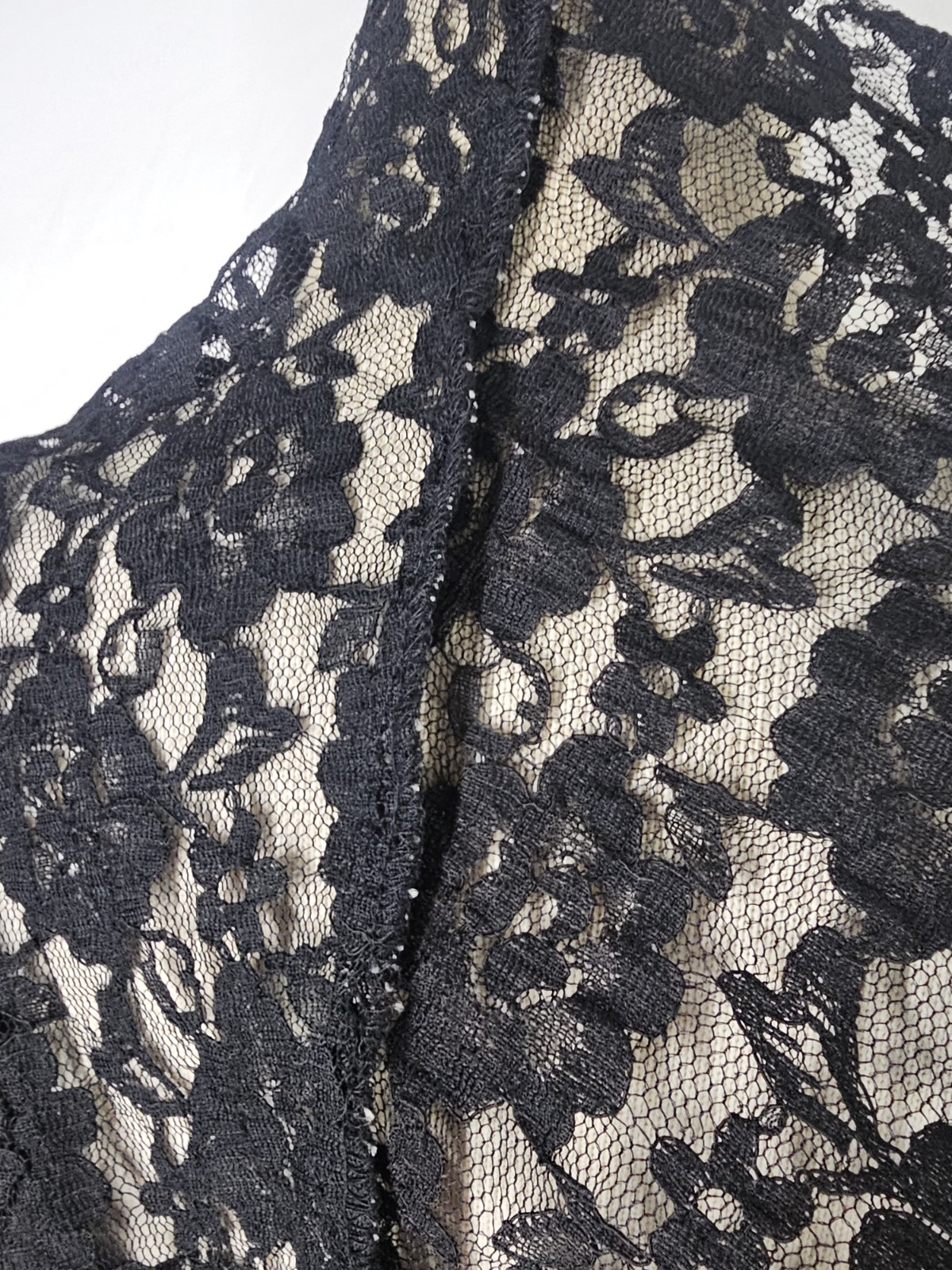 Vintage Karin Stevens Black Lace Dress Nude Illusion Bow Long Sleeve Midi