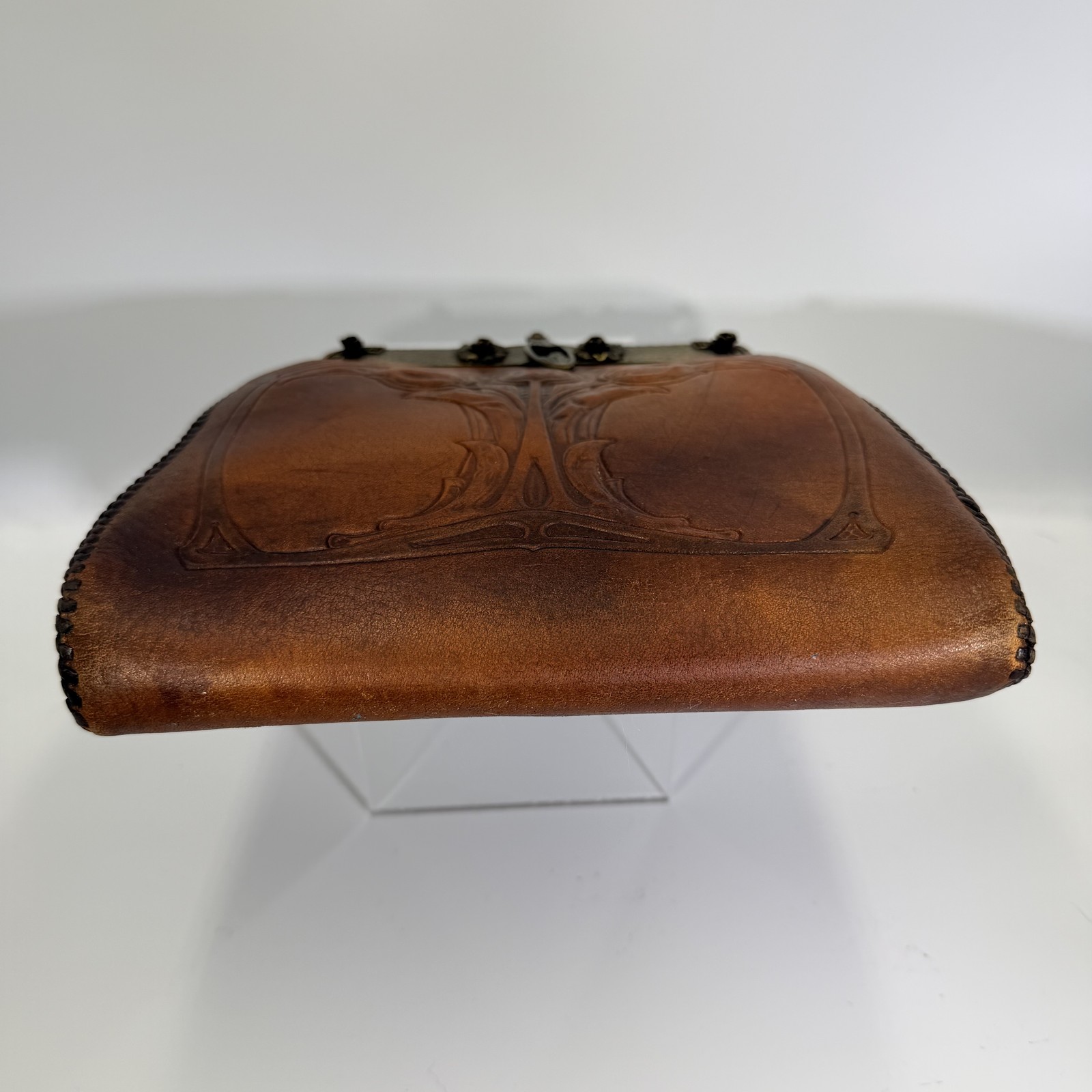 Vintage Tooled Leather Art Nouveau Floral Handbag Purse Arts & Crafts JEMCO