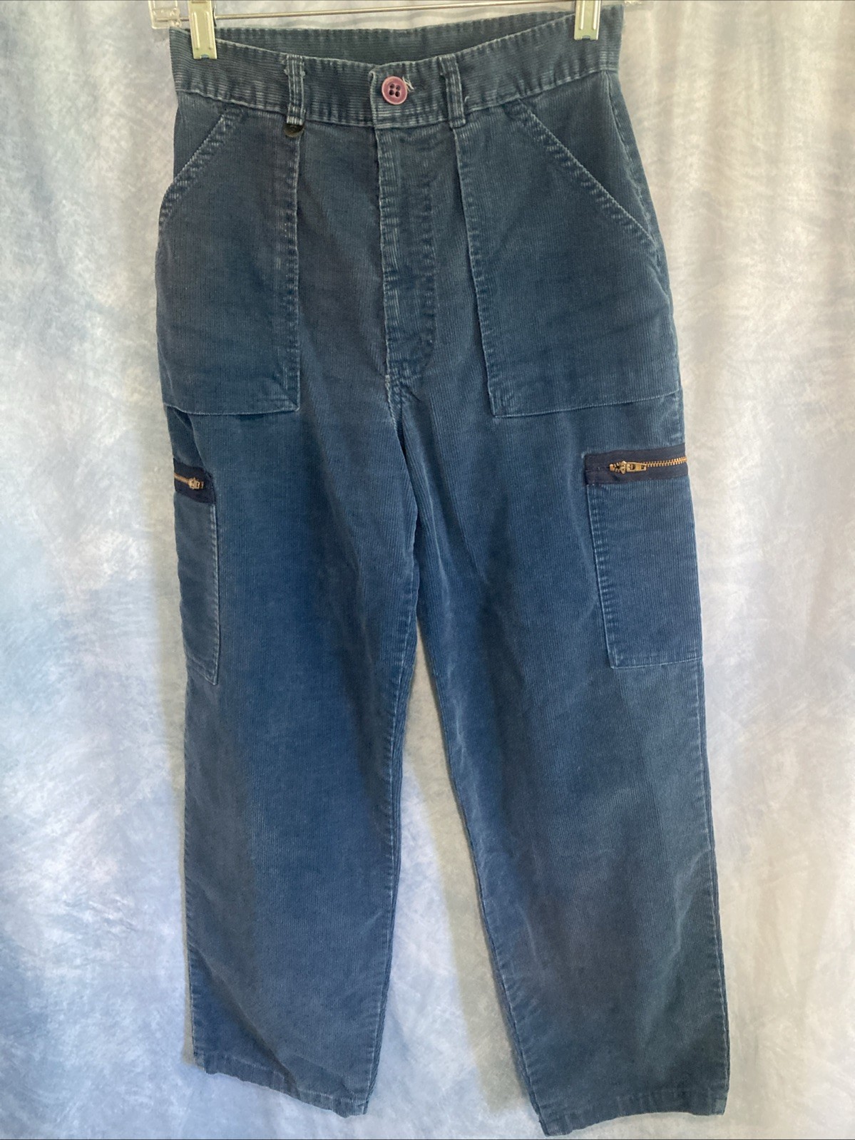 Vtg 70s 80s Sachel HIS Blue Corduroy Utility Cargo Pants Womens 9/10 High Rise