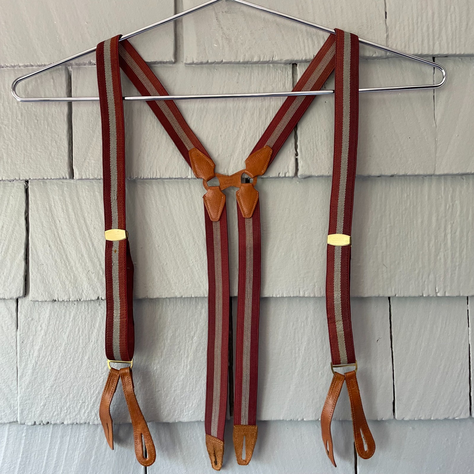 30s Vintage Paris Brand Brown & Gray Elastic Suspenders w/ Brass&Leather Details