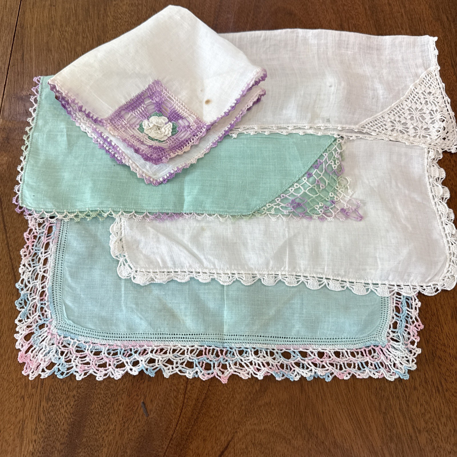 Embroidery Cotton Linen Hankies Handkerchiefs Lot 5 Green Purple Lace VTG