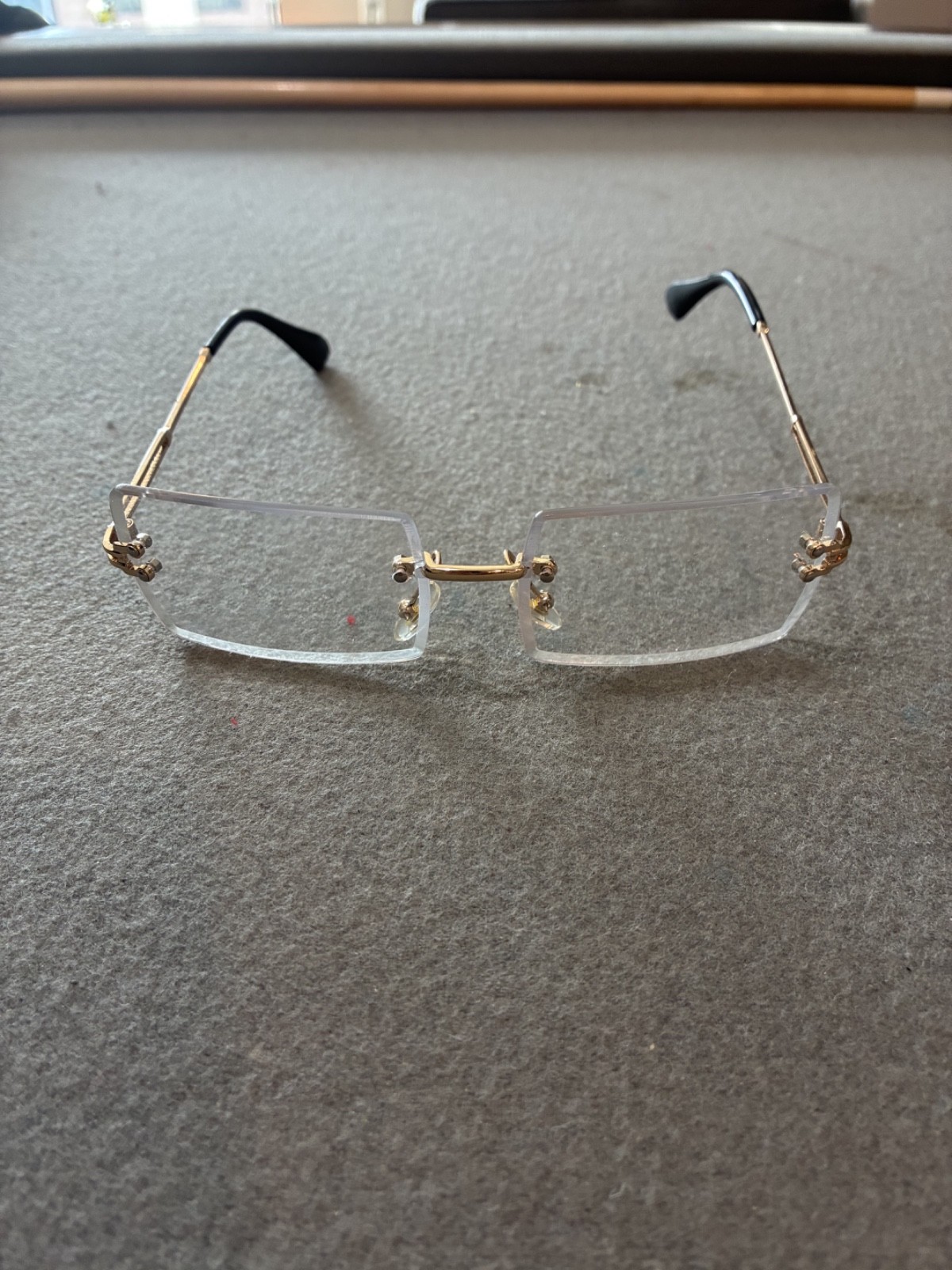Vintage Rimless Rectangular Eyeglasses Gold Tone Metal Frame Black Temple Tips
