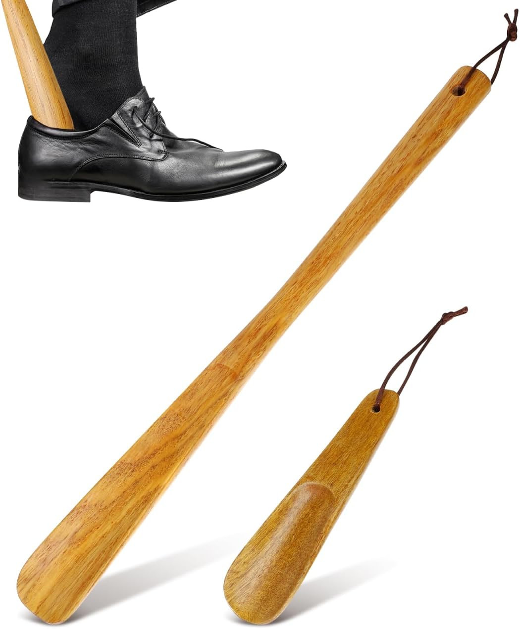 2pcs Wood Shoehorn Long and Short Handle Shoe Horn Shoe Spoon Non Slip Shoe