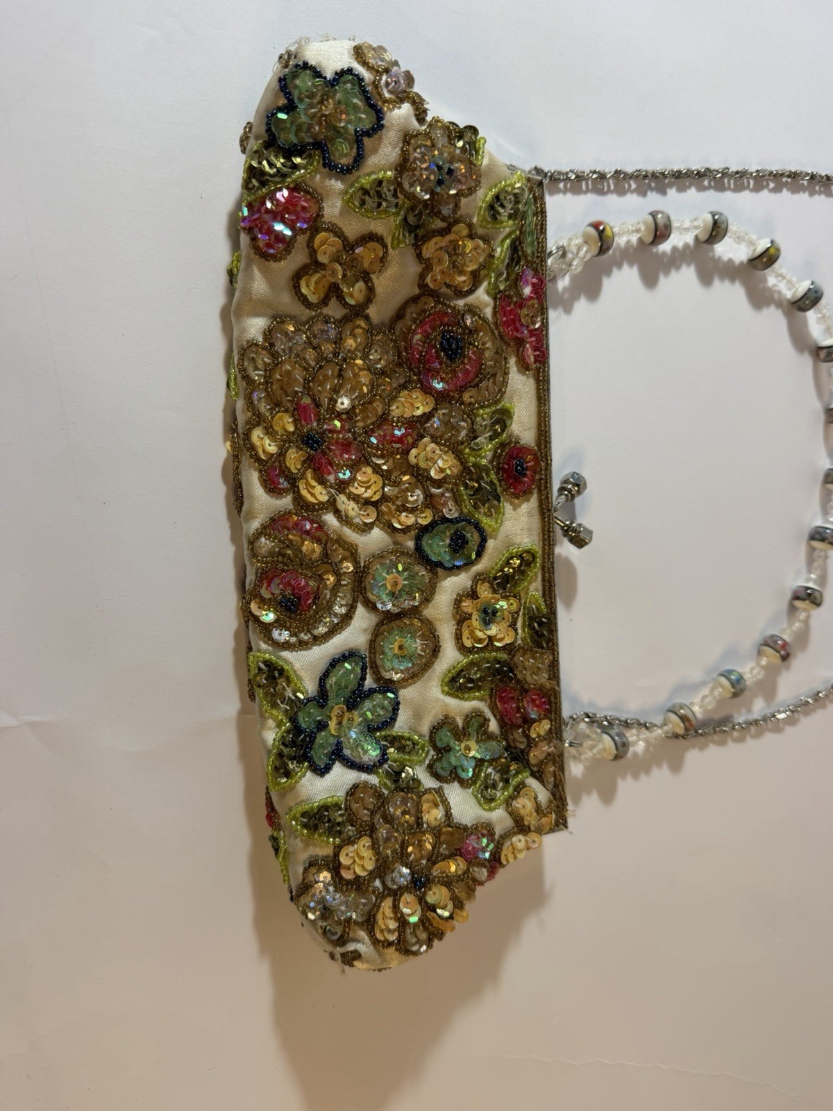 Vintage Beaded Sequin Floral Clutch Purse Kiss Lock Chain Ivory
