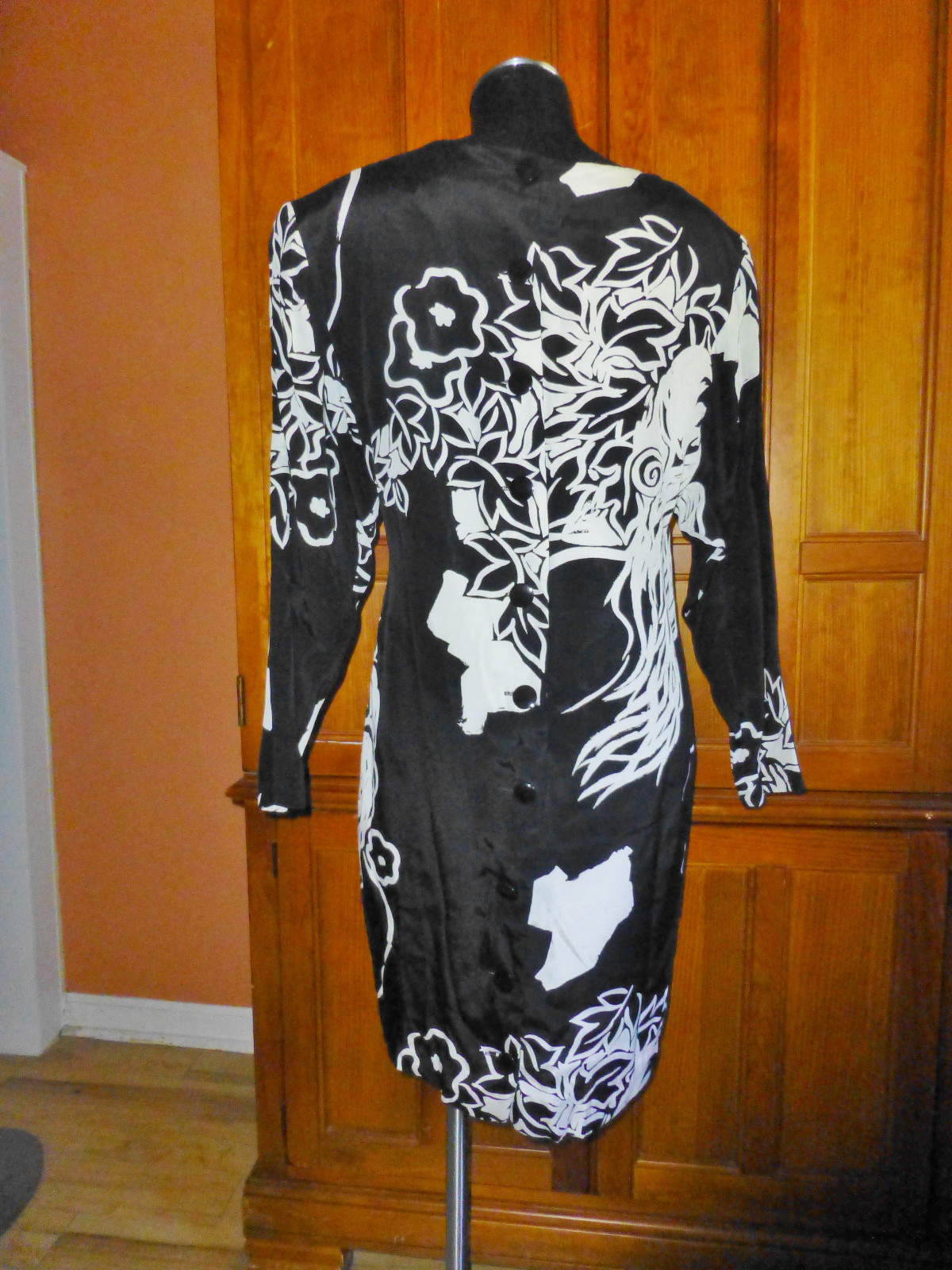 Vtg 80s I MAGNIN Bold Black White Print DRESS Cocktail Shift Dolman Long Slv