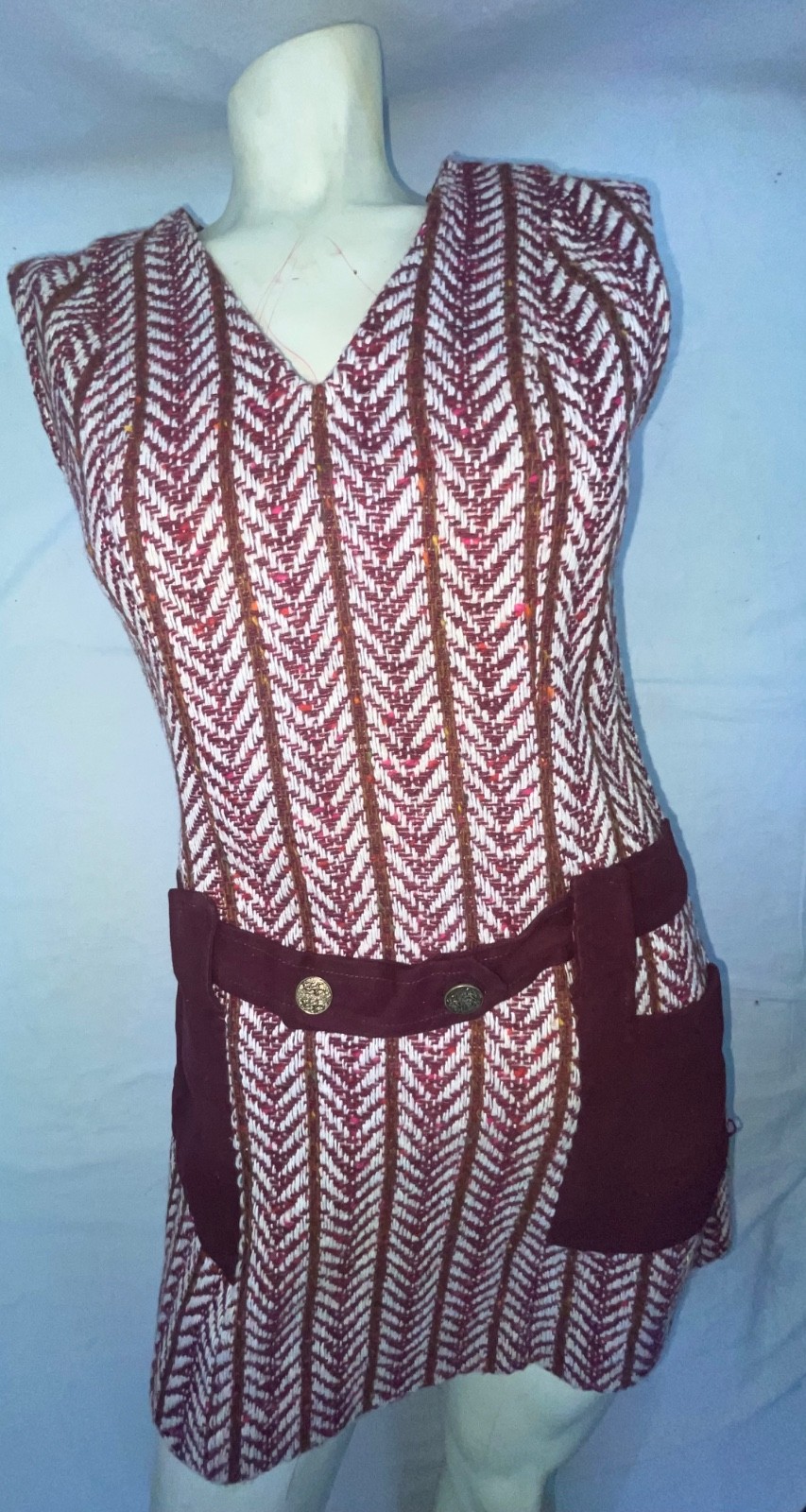 VTG 60S 70S WOMENS RED WOOL KNIT DISCO RETRO HIPPY STRIPE SLEEVELESS DRESS