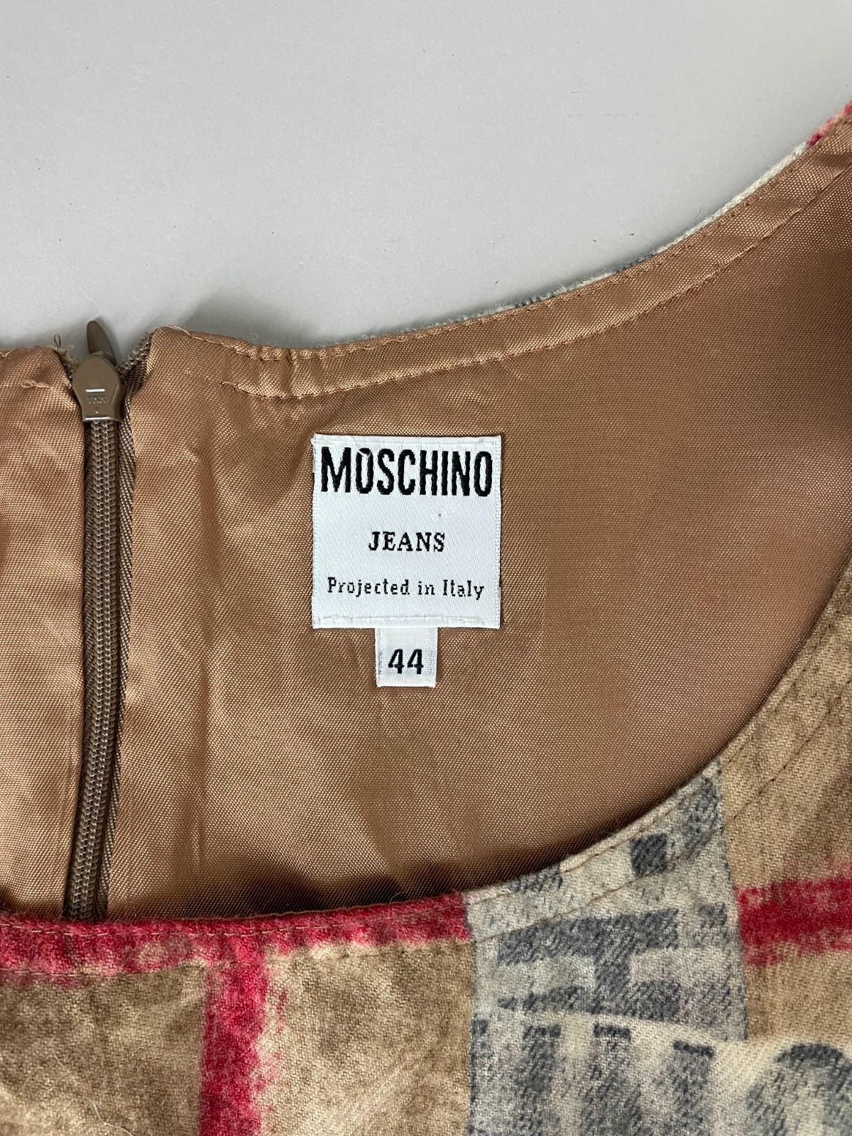 Vintage 90s MOSCHINO Plaid logo lettering mini dress wool 44 Italy DAMAGE