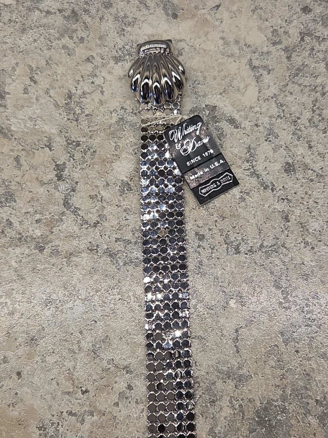 Vintage Whiting & Davis 33″ Silver Tone Mesh Belt Shell/Bow Buckle .5″ Wide