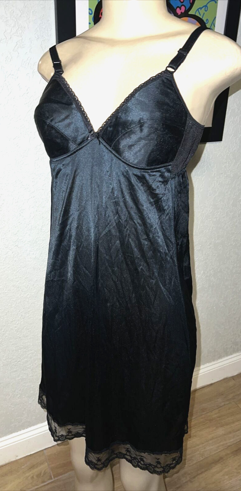 VTG MONA LISA BLACK Slip With Built-In Bra SZ 36/37 ybt