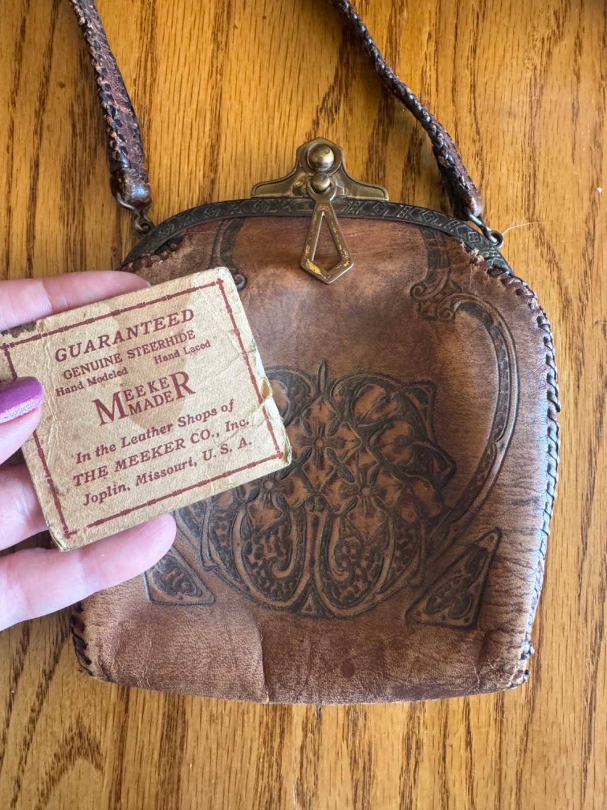 Antique Meeker Leather Hand Tooled Art Nouveau Handbag Art Deco Purse with card