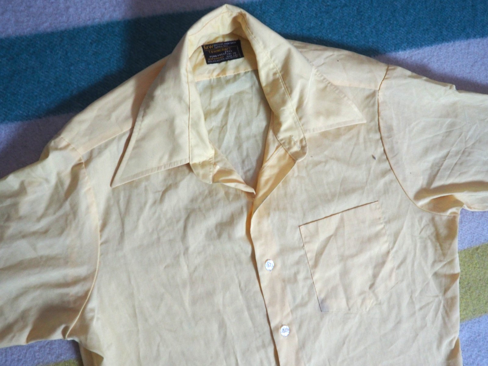 VTG 70s Penneys Towncraft Canary Yellow Pocket Polycotton Button Shirt Mens S