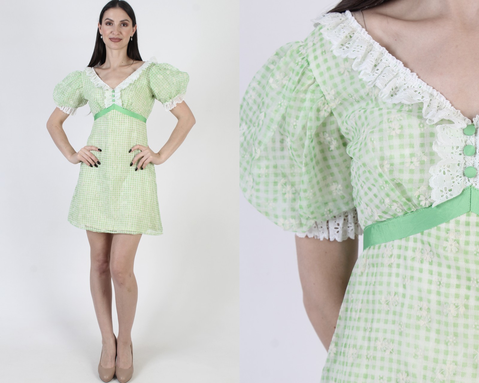 Vtg Green Gingham Dress Wht Lace Puff Slv High Waist Country Prairie Sundress