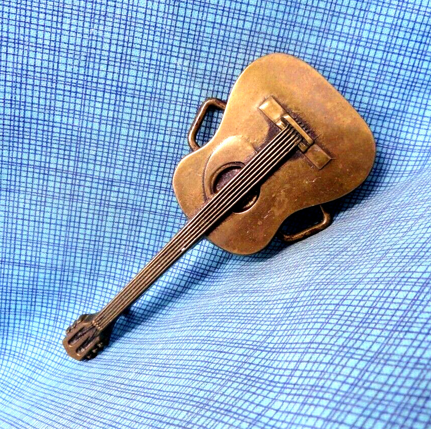 Acoustic Guitar Belt Buckle Rock Country Music Brass Vtg 70s Baron Taiwan.NOX229
