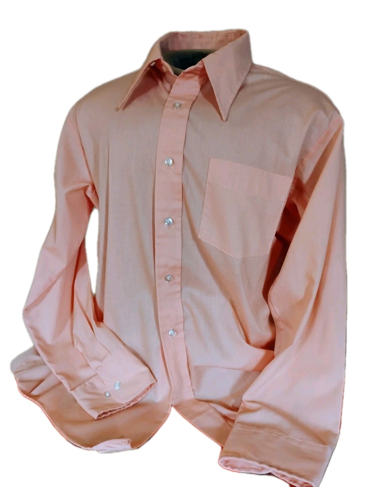 VTG “Fashion Tone” Peach Polyester Combed Cotton Mod Collar L/S Shirt 17/32-33