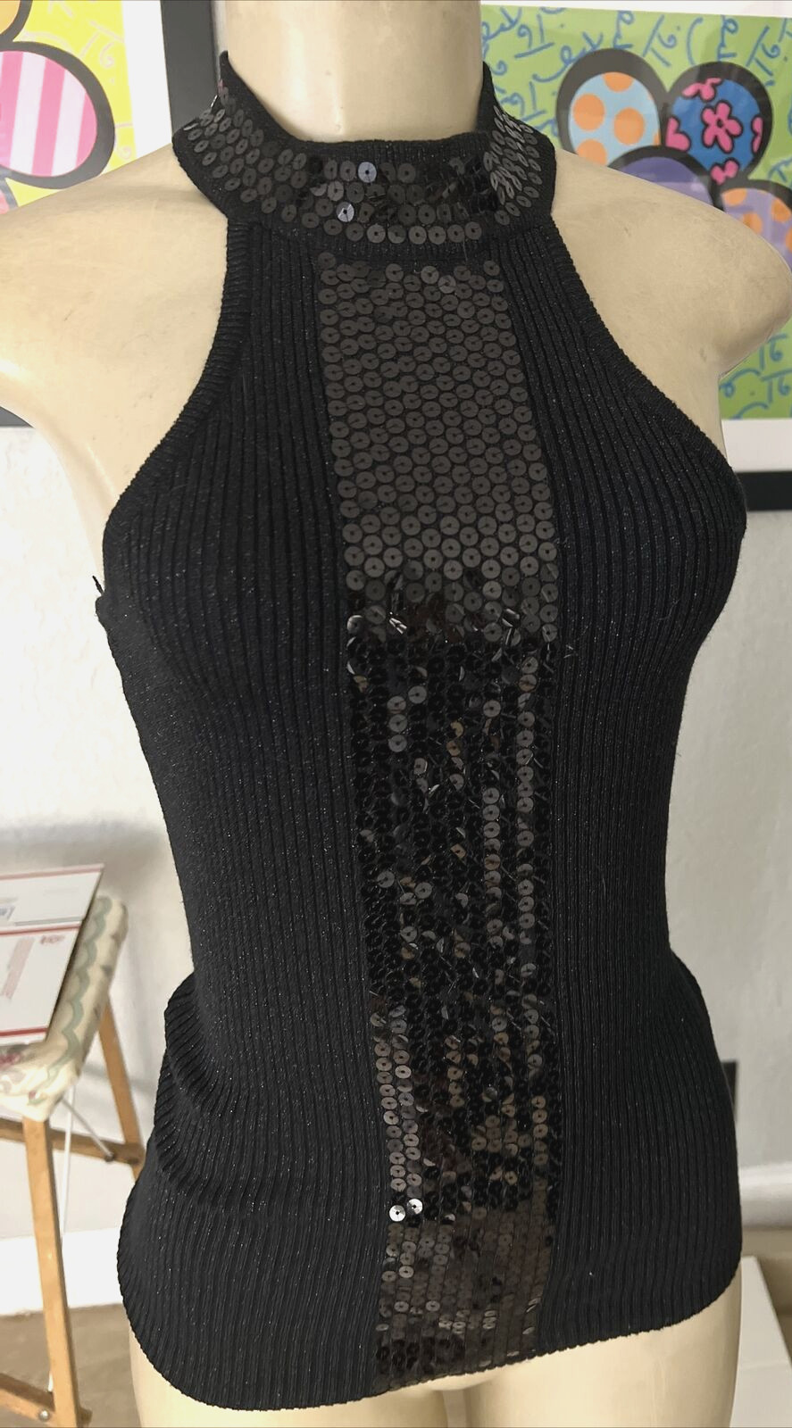 Black Silver Metallic W/Sequins Choker Halter Style Sleeveless Shirt M gts