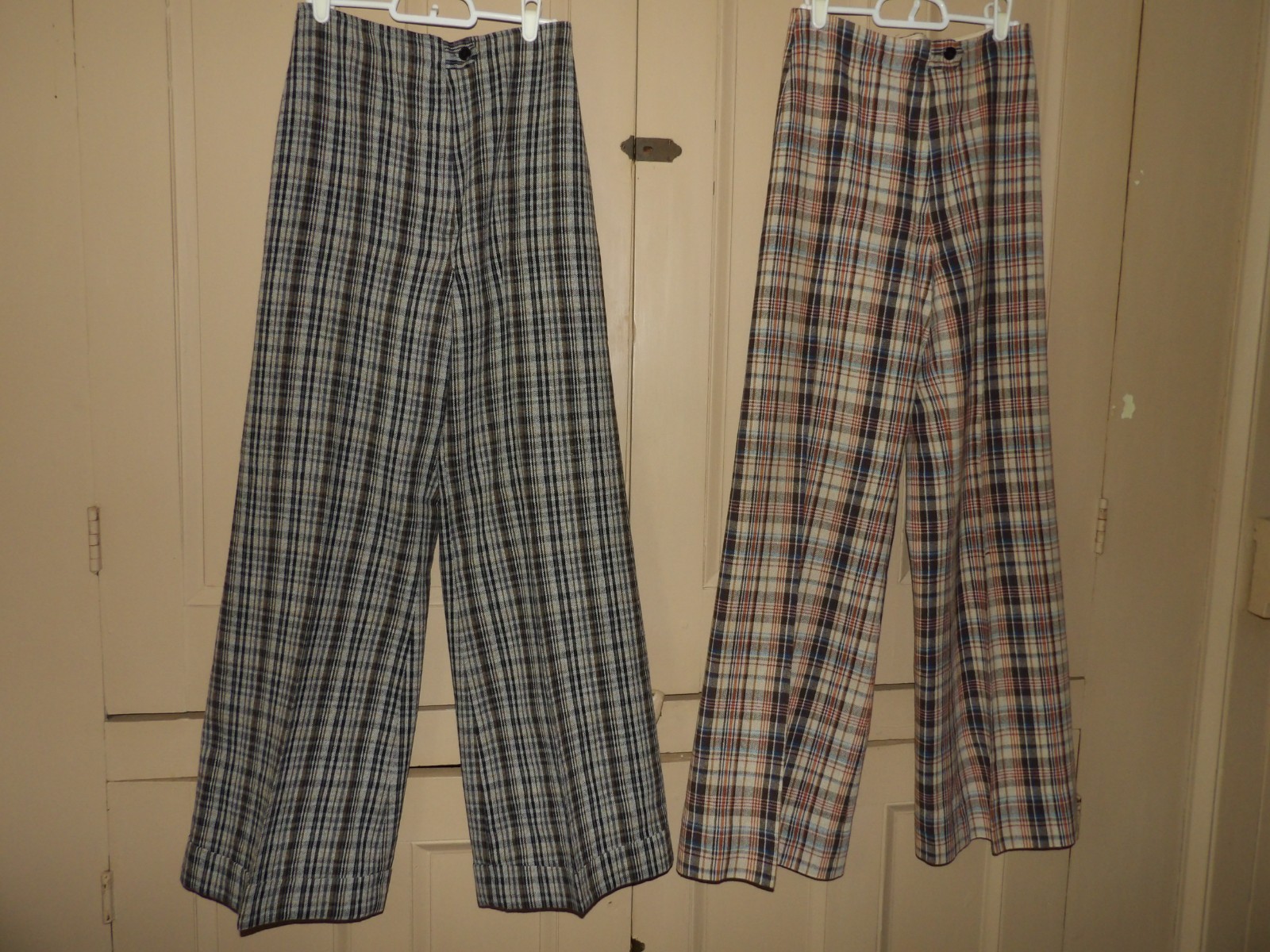 Two Pair Vintage 70s Plaid Trousers High Waist Wide Flare Leg 27″ Waist 31″ 32″L