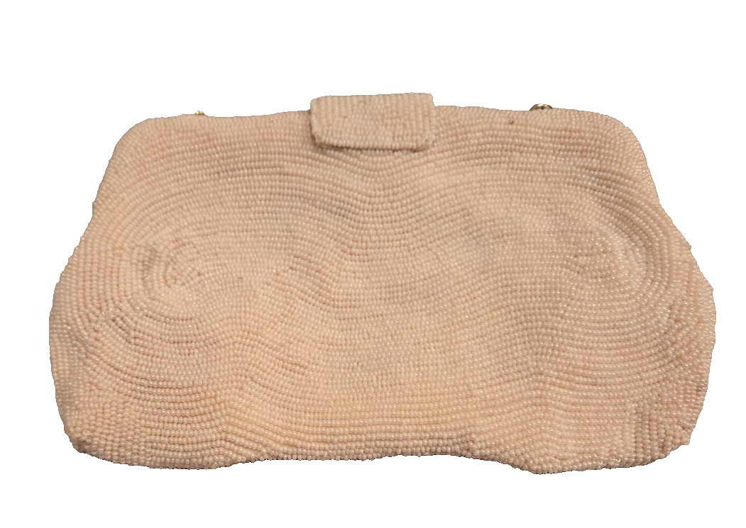 Vintage Beaded Clutch Purse Off White w Chain snap closure w/satin/silk lining