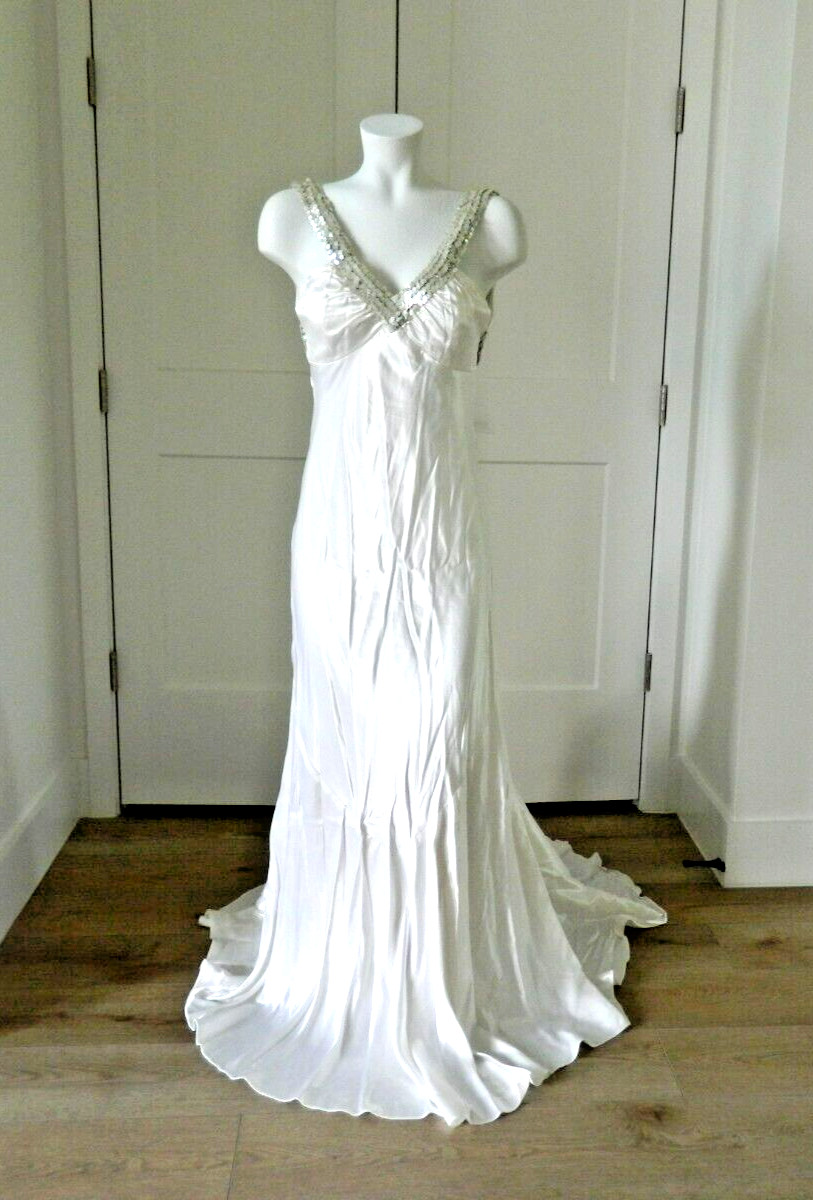 Vtg. Zum Zum Ivory Satin Sequin Prom Special Occasion Slip Dress w/Train 9-10