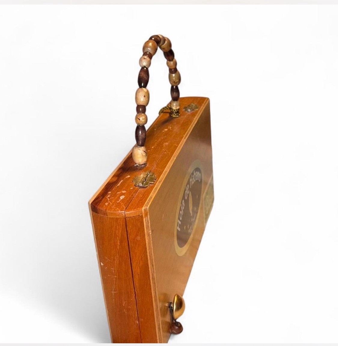 Vintage Cigar Box Purse Handbag Wooden Beaded Handle Handcrafted