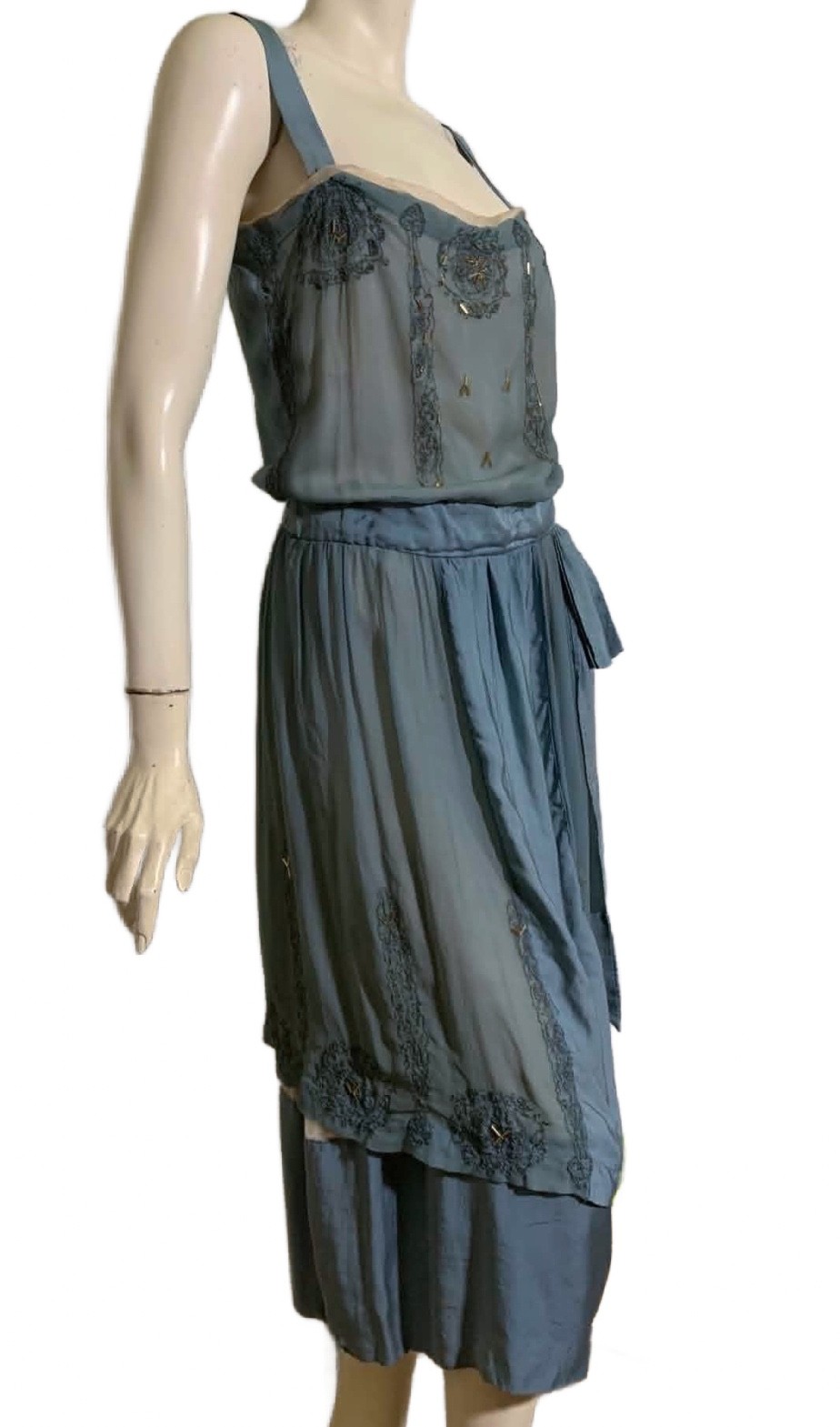 True Vintage Late 1910s/Early 20s Beaded Blue Silk Dress Blouson Bodice