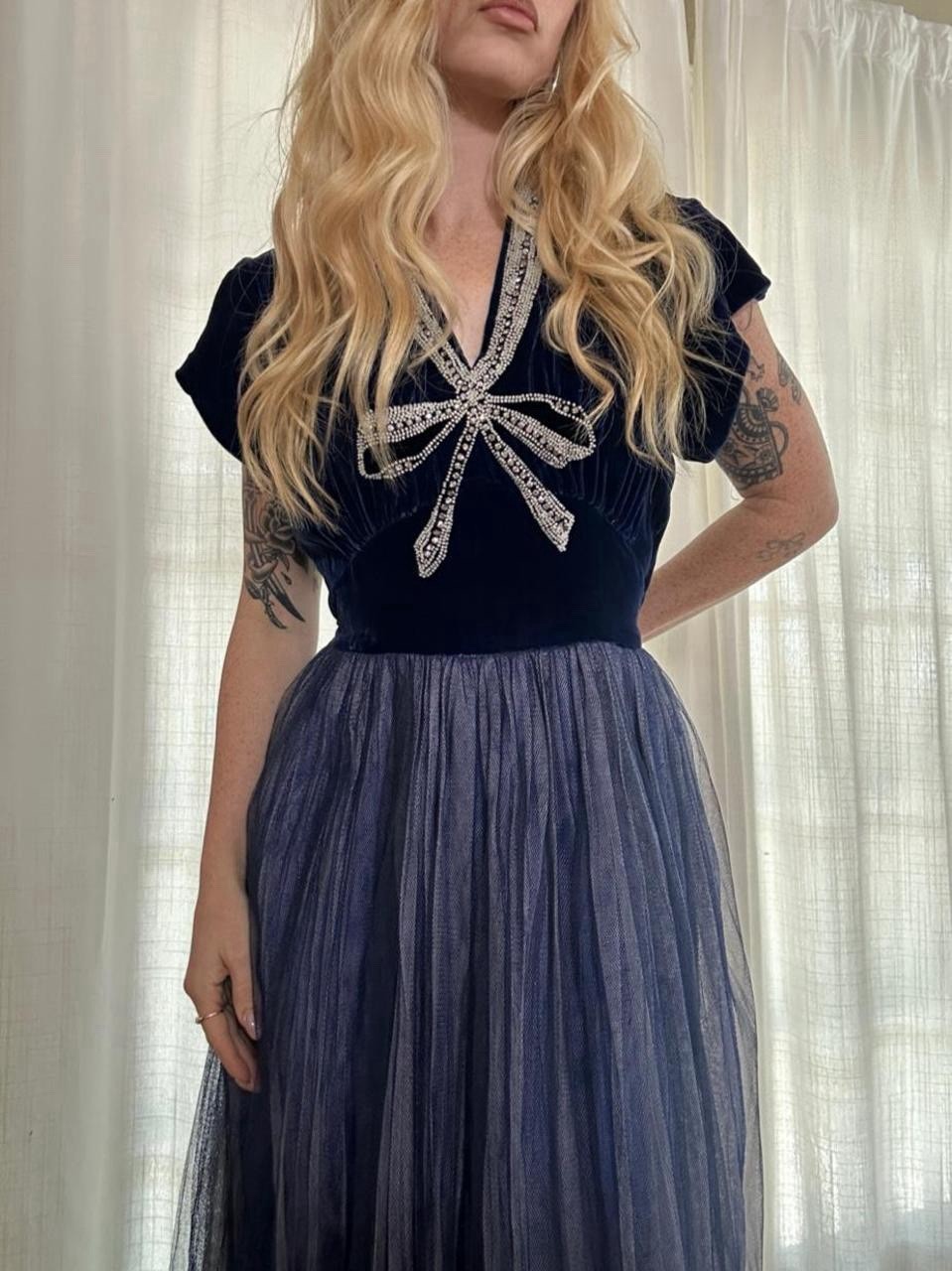 Vintage 40s silk velvet tulle bow dress