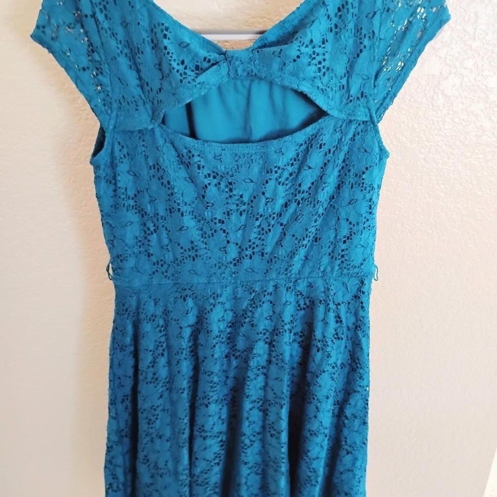 Vintage Indie Boho Floral Lace Fit and Flare Mini Dress Teal Cocktail Skater
