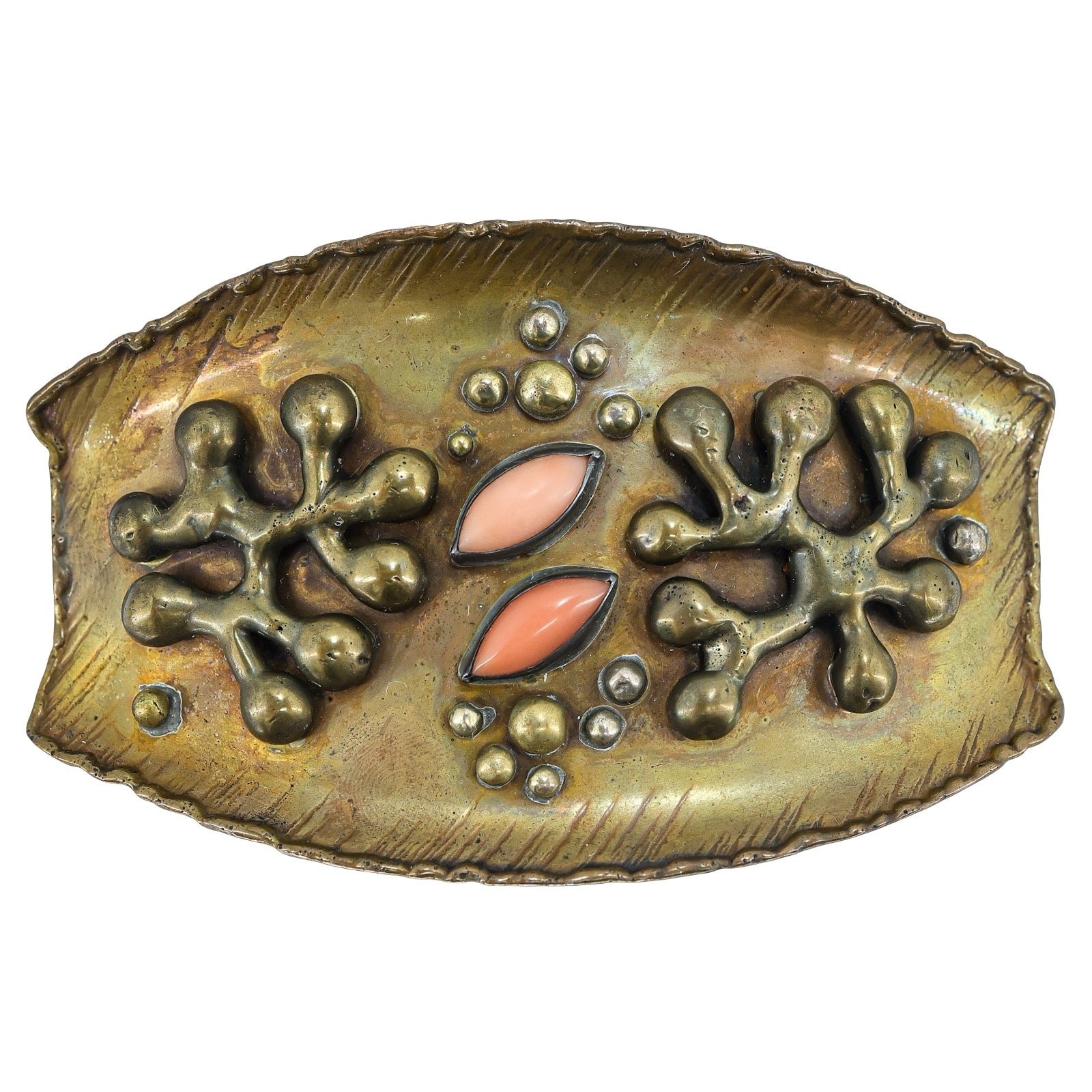 Vintage Signed Wolf Dosch Brutalist Modernist Brass Hair Barrette W Coral Cabs