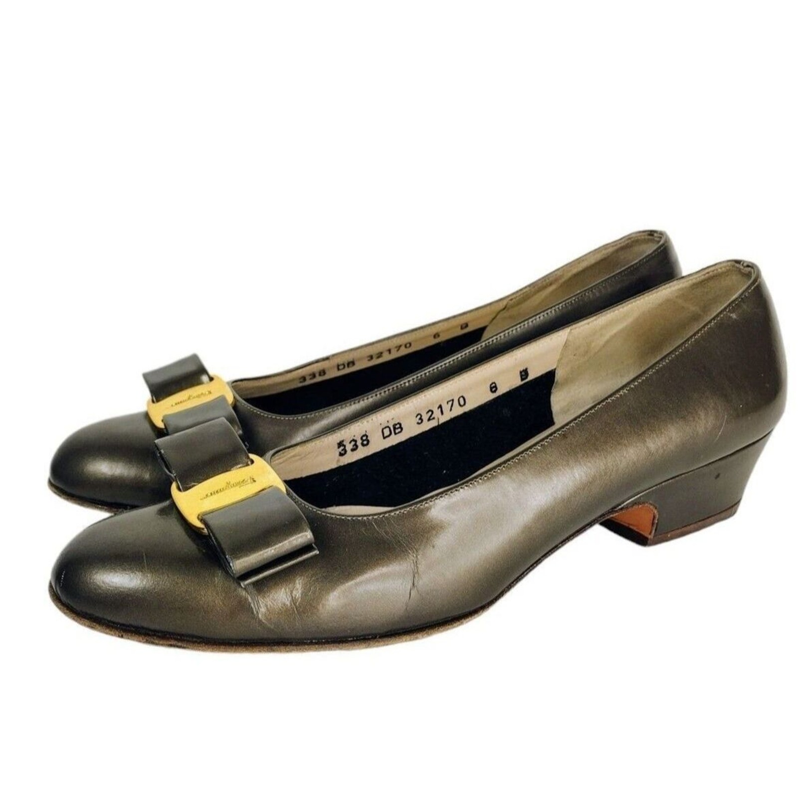 Salvatore Ferragamo Vintage 338 Lillaz Vara Pearled Bronze Leather Bow Pumps