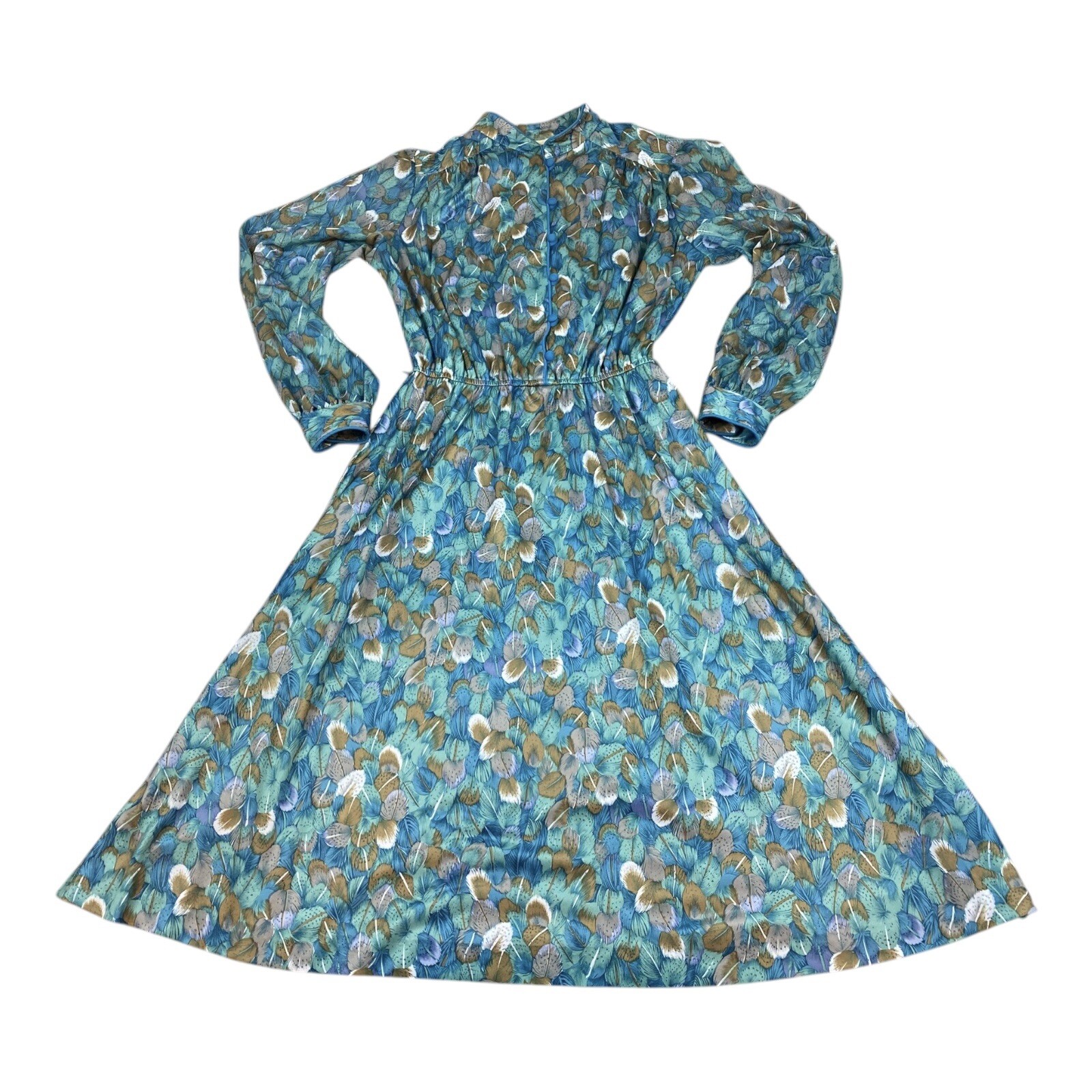 Vintage 1970s Long Sleeve Feathers Dress High Neck Cinched Waist Full Skirt Boho