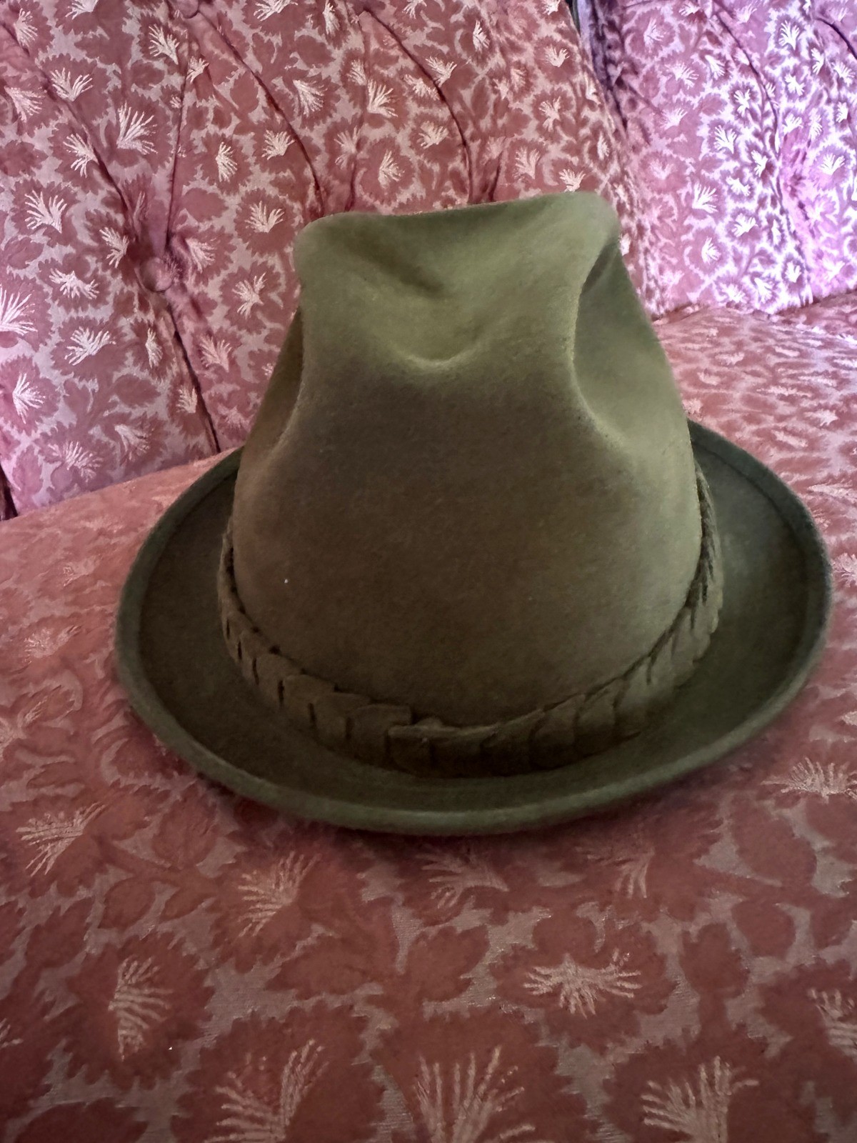 Vintage Borsalino Fedora Hat Olive Green Fur Felt Sz 7.5 Maybrooks Italy