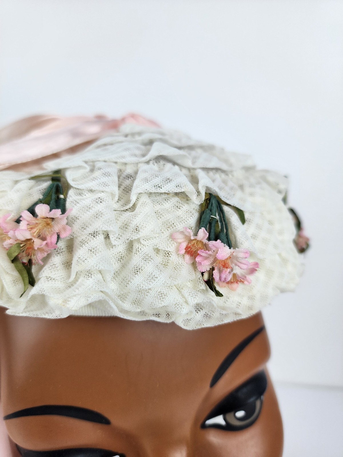 Antique Vintage Pillbox Hat White And Pink Floral With Lace With Ribbon
