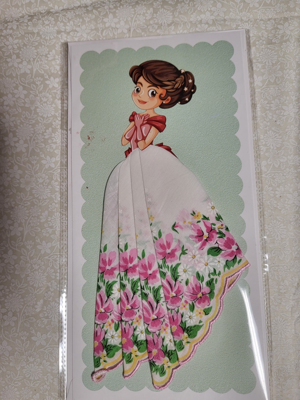 Retro hanky handerchief card; retro, full skirt, any occasion card; pink