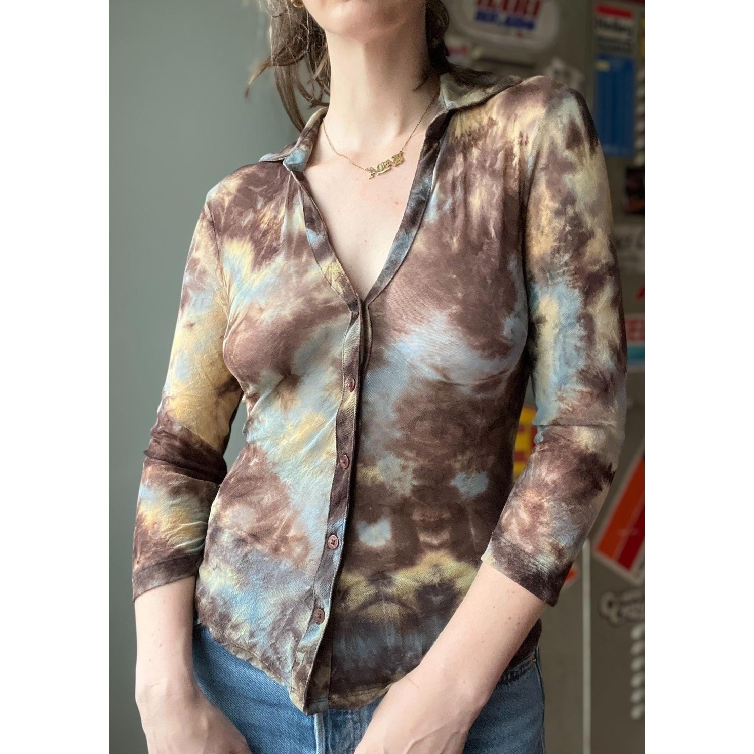 Vintage 90s Mesh Button-Up Top | Guess Sheer Tie Dye Collared Shirt | XS/S