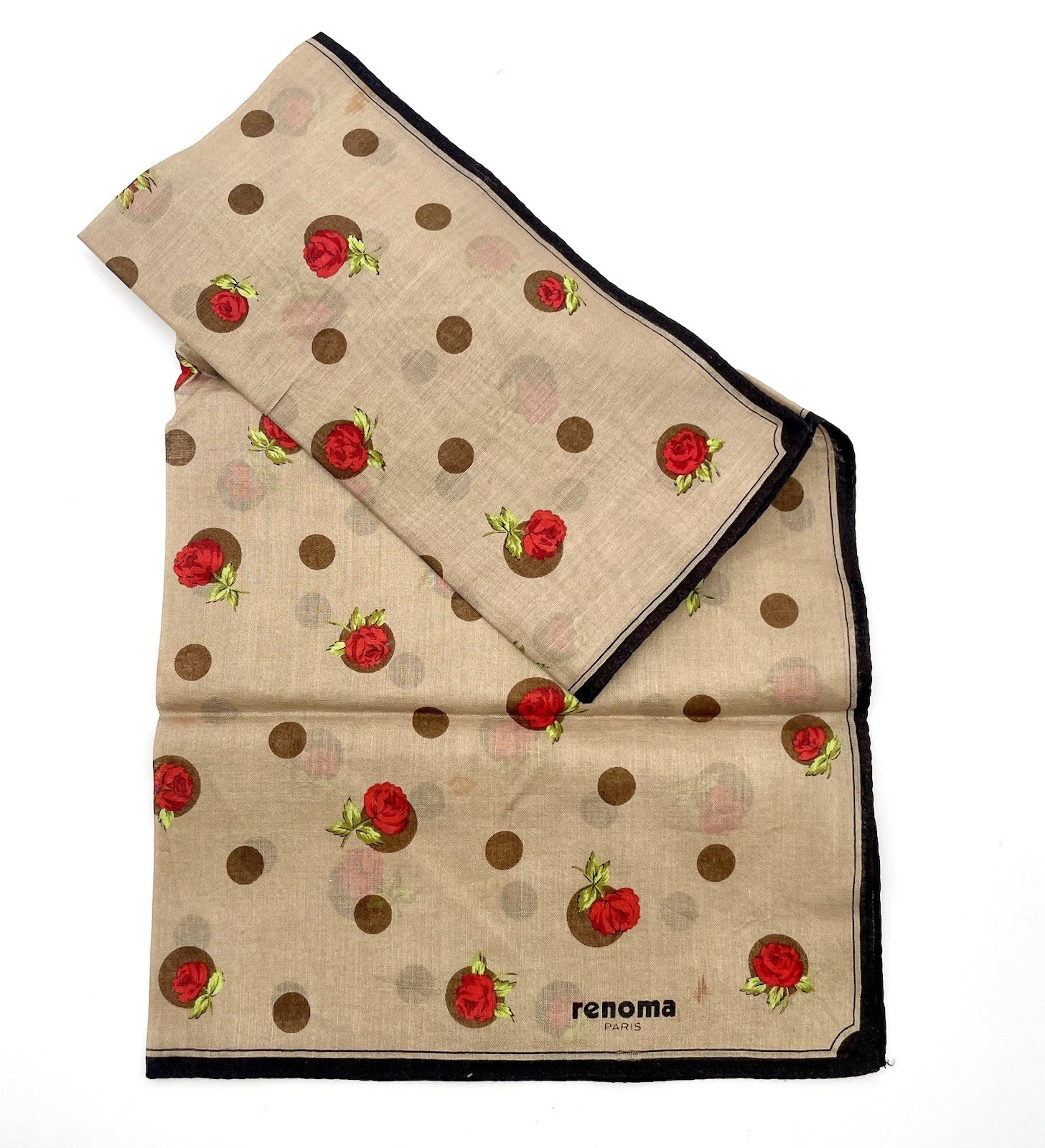 Vintage RENOMA PARIS 16″ Square Scarf Tan Brown Red Roses Black Trim