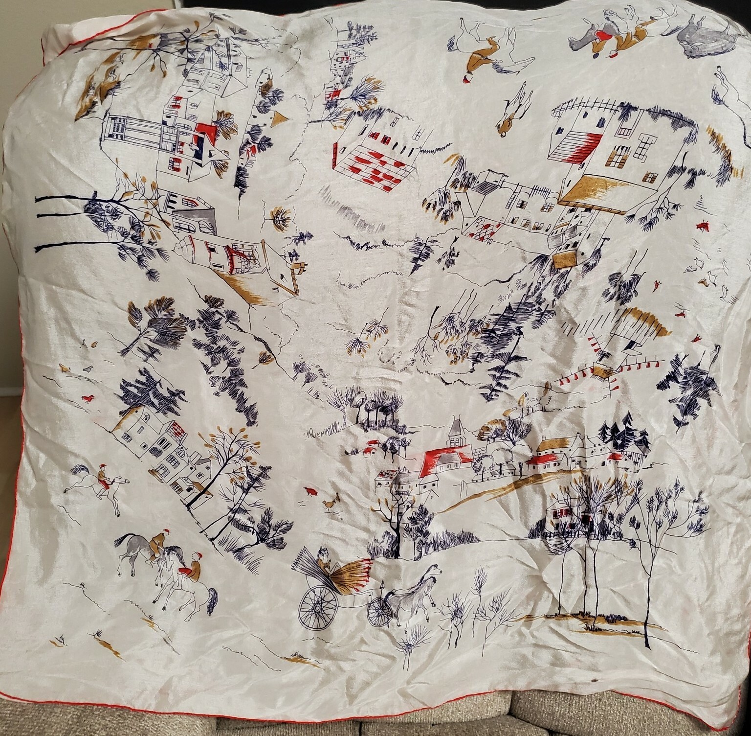 Vintage Made In USA Silk Scarf Hand Screen Hand Roll Horses See Photos 30″ x 30″