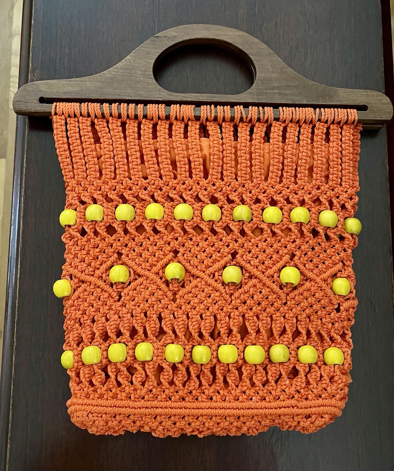 Vintage 1970s Macrame Handbag Orange Wood Beads Handmade Boho Eclectic Handbag