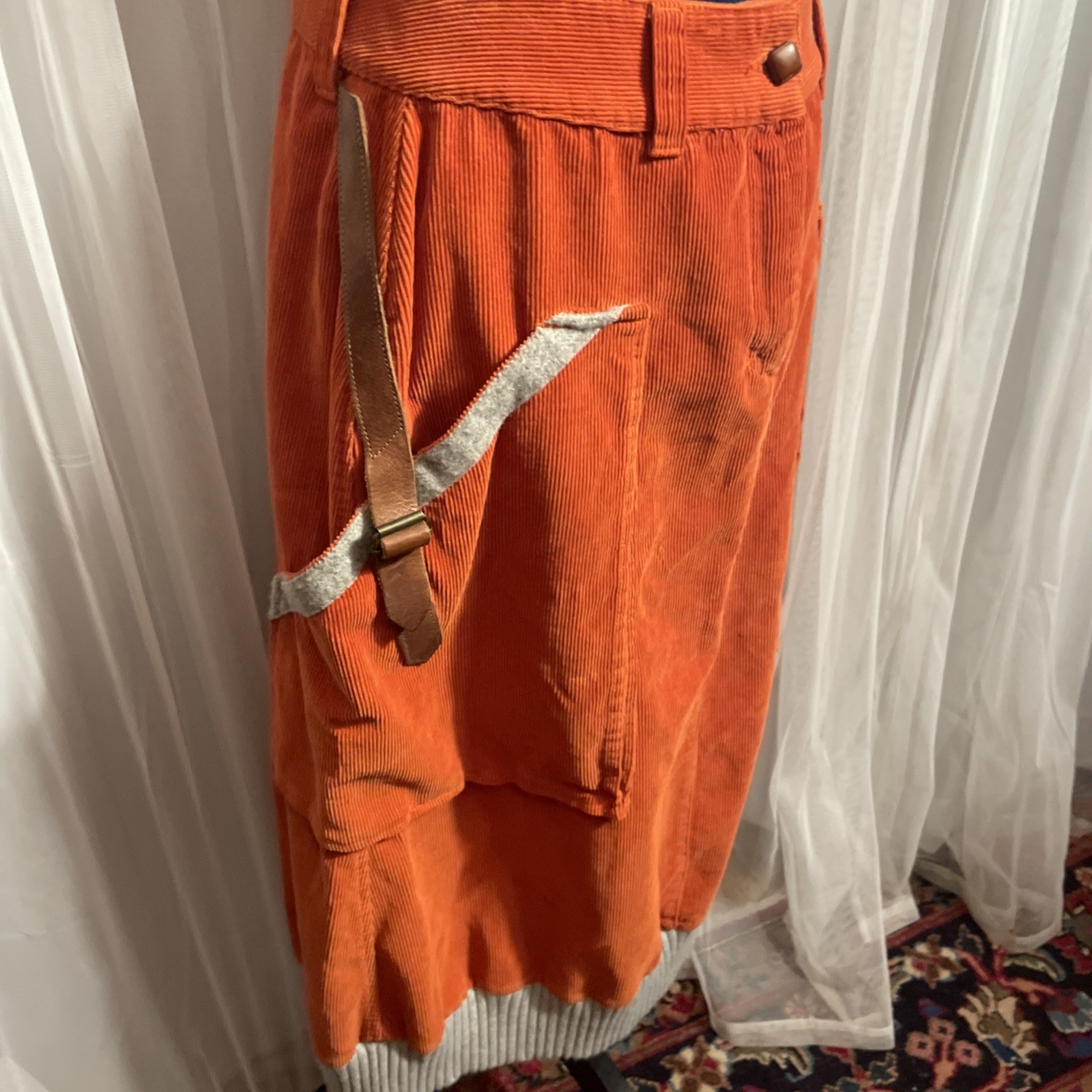 Luis Trenker Corduroy Utility Skirt Orange Leather Detail Pockets Sweater Hem