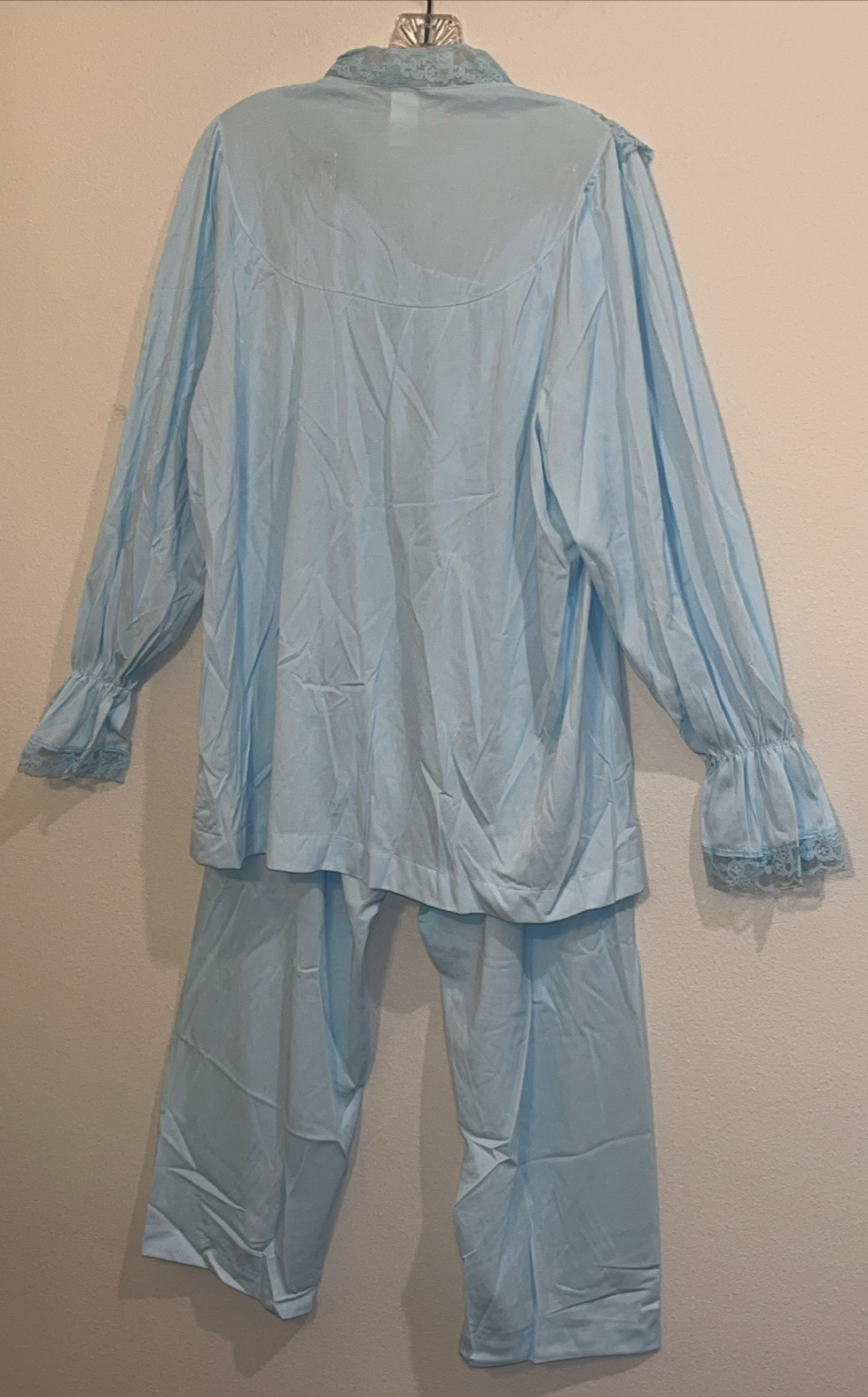 VTG Texsheen Pajama Set Lace Blue Nylon Sz 40 Pants & Top Lingerie EUC B15