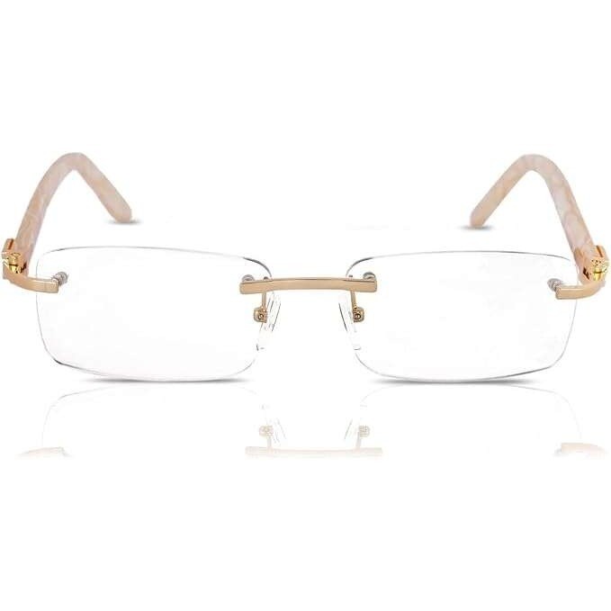 Rimless Eyeglasses Gold Clear Lens Wood Grain Arms Men’s Fashion Hip Hop Lenetes